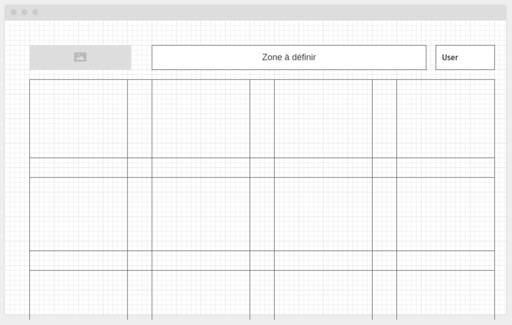 En haut à gauche, le logo Morgenbord. À sa droite un rectangle marqué « Zone à définir » et tout à droit un court rectangle où se trouverait le menu utilisateur. Dessous, une forme des grilles ou des rectangles identiques sont séparés par des gouttières horizontales et verticales.